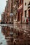 View of old town of Gdansk GdaÅ„sk in Poland Polska after rain, water reflection