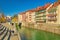 View of the old town of Ljubljana, Slovenia. Colorful historical houses, the Ljubljanica river embankment