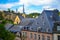 View of the old town of Luxembourg City, Luxembourg, with St. John Church church of St. John or St. Jean du Grund and the wall