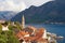 View of old town of Perast with bell tower of church of St. Nicholas. Bay of Kotor, Montenegro