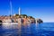 View of the old town of Rovinj, Croatia, over the blue Adriatic sea
