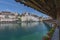 View of the old town with Town Hall from Chapel Bridge, wooden footbridge across the Reuss River in the city of Lucern,
