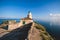 View of Old Venetian Fortress of Corfu, Palaio Frourio, Kerkyra old town, Greece, Ionian sea islands, with the lighthouse, Clock