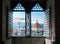 View from the old window on Florence Duomo Basilica di Santa Maria del Fiore. Florence, Italy. Collage of the historical theme