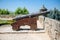 View of old wooden-based cannon in the fortress of Castelo de Chaves