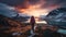 View of one backpacker walking up the mountain in beautiful remote arctic wilderness