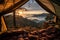 View from the open door of the tent to mountains. AI Generated