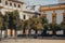 View of orange trees on Patio de Banderas plaza in Seville, Andalusia