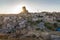 View of Ortahisar village in Cappadocia at sunset