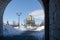 View of the Orthodox church from the arch. architectural details. public urban space. winter time of the year. winter landscape