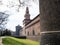 View of outer wall of Sforza Castle in Milan city