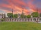 View of the outer wall of the Sultan Ahmed Mosque in Istanbul at sunset