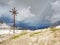 View over Alpine valley to sharp Alps peaks