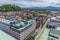 A view over buildings towards the castle hill in central Ljubljana