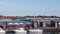 View over canals in Copenhagen with boats moored.