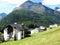 View over chalets to mountains in Saas Fee, Switzerland