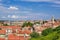View over the city of Pula, Istrian Peninsula in Croatia. Roman amphitheater and Saint Anthony church between houses