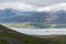 View over Dyrafjordur fjord towards town of Thingeyri in Iceland