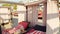 View over an empty beach resort Cabana with food and drinks on a table