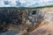 View over the Falun copper mine heritage site in Falun, Dalarna Sweden showing the geology of the great pit