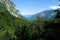 View over forest to Vogel mountain and Lake Bohinj