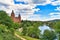 View over German city Aschaffenburg with Main river, palace called `Schloss Johannisburg` and green park