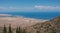 View over Issyk Kul lake from Fairy Tale canyon Skazka Canyon, a desert area near Bokonbayevo in Kyrgyzstan