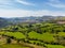 View over Llangedwyn valley with fields and meadows