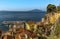 A view over the Marina Grande in Sorrento, Italy out across the Bay of Naples towards Mount Vesuvius