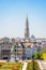 View over the Mont des Arts formal garden and the belfry of the town hall of Brussels, Belgium