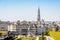 View over the Mont des Arts formal garden and the belfry of the town hall of Brussels, Belgium