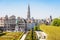 View over the Mont des Arts formal garden and the belfry of the town hall of Brussels, Belgium