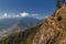 View over the mountains in Bhutan on the way to Taktshang GoembaTiger`s Nest Monastery, the most famous Monastery in Bhutan, in