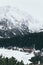 View over Popradske Pleso and snowcapped High Tatra mountains in winter