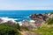 View over the rocky coastline at Heycock Point, known for whale watching, scenic coastal views and and birdwatching, in Ben Boyd