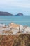 View over the roofs of old town to the ocean and the rock of Calpe, Altea, Costa Blanca, Spain