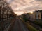 View over Royal Canal and rail tracks in Dublin, Ireland at sunrise