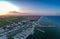 View over seaside town Paralia Katerini at Marina Olympic Coast. Aerial panorama of the sea stones, fishing boats and ships in