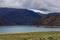 View over Songkol lake, steppe and surrounding mountains.