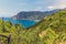 A view over a terraced hillside from the Monterosso to Vernazza path