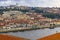 View over terracotta roofs across Douro onto the famous Portuguese wine cellars in Vila Nova de Gaia, Porto, Portugal