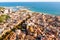 View over the town, beach and the fishing harbor of Arenys de Mar. on the mediterranean coast near Barcelona