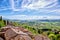 View over the Tuscan countryside and the town of Montepulciano,