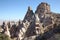 View over valley with cave houses, in Cappadocia,