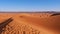 View over the wind shaped sand dunes of Erg Chebbi with tracks and footprints in the sand near Merzouga, Morocco, Africa.