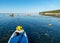 View from padlle board to the beautiful and picturesque Baltic Sea coast with boulders, Saaremaa Island, Estonia