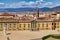 View of Palace of Pitty with garden and skyline of Florence, Italy. View of back facade of Palazzo Pitti, facing Boboli Gardens,