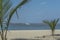 View of palm trees on beach, and boats on water, on the island of Mussulo, Luanda, Angola