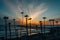 View of palm trees, beach, and the pier at sunset, in San Clemente, Orange County, California