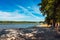 view of the paprocaÅ„skie lake in Tychy. Wooden platforms in the foreground.